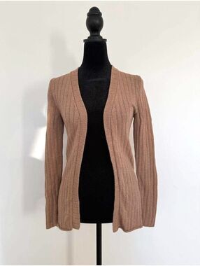 Vintage 1970s Adolfo at Saks Fifth Avenue Ribbed Knit Cardigan in Tan, XS/S
